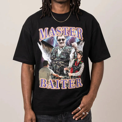 Model wearing the Master Baiter (OG design) funny fishing t-shirt in black, studio photo