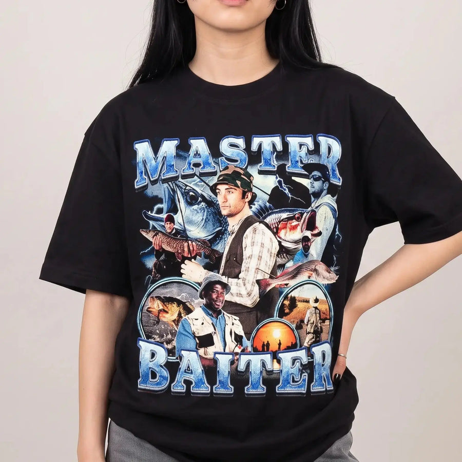 Model wearing the Master Baiter (Updated Design!) t-shirt in black, studio photo