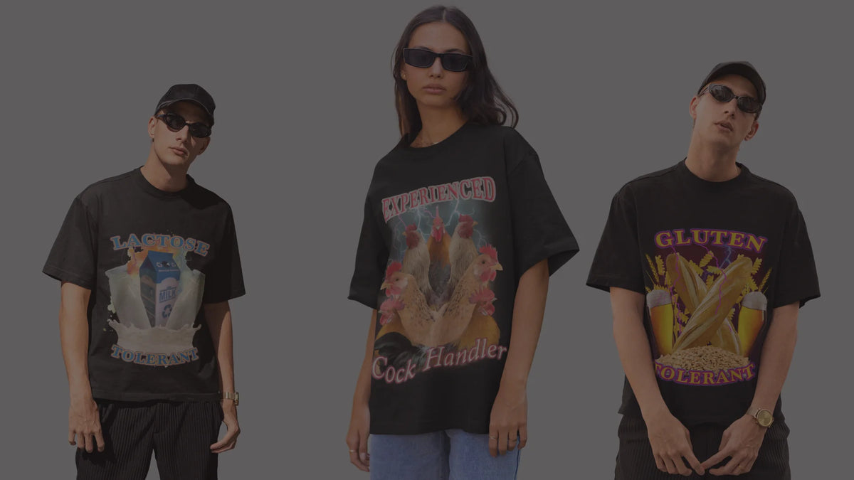 Models wearing black t-shirts with retro graphics and text: LACTOSE TOLERANT, EXPERIENCED COCK HANDLER, and GLUTEN TOLERANT.