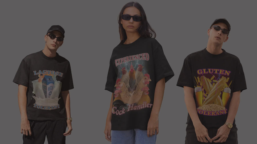 Models wearing black t-shirts with retro graphics and text: LACTOSE TOLERANT, EXPERIENCED COCK HANDLER, and GLUTEN TOLERANT.
