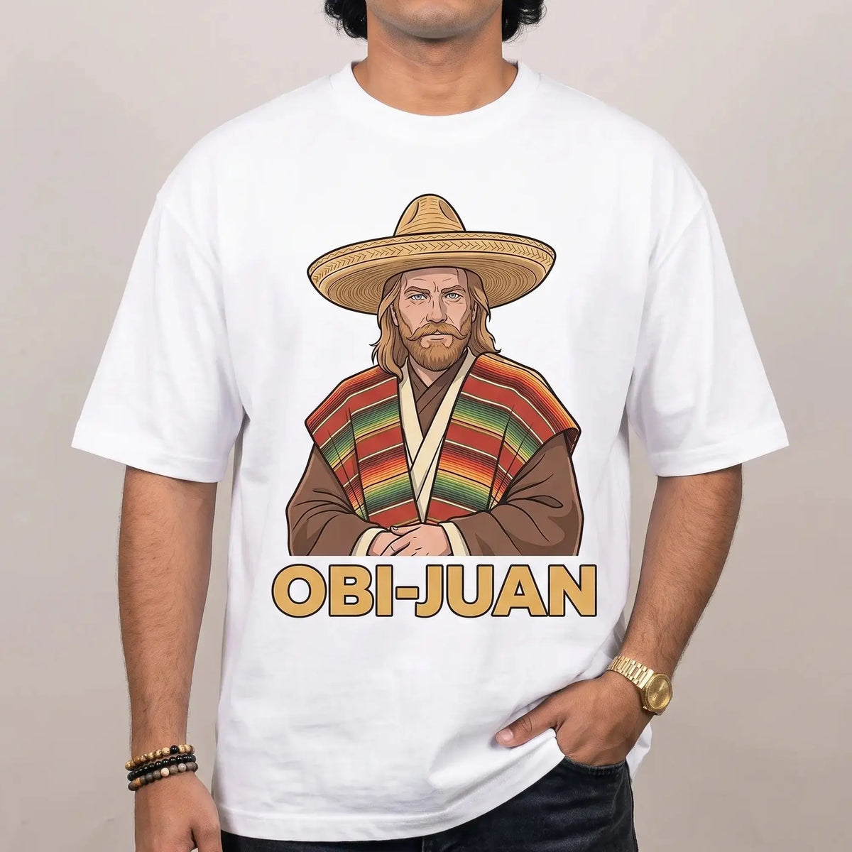 Model wearing the Obi-Juan T-Shirt in white, studio photo