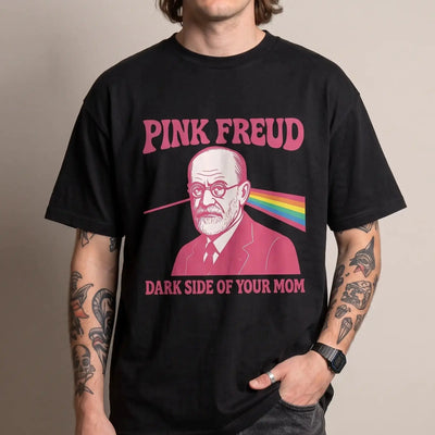 Model wearing the Pink Freud Dark Side of your Mom Humour T-Shirt in black, studio photo