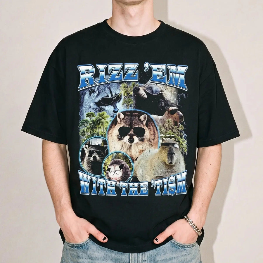 Model wearing the Rizz 'em with the 'tism t-shirt in black, studio photo