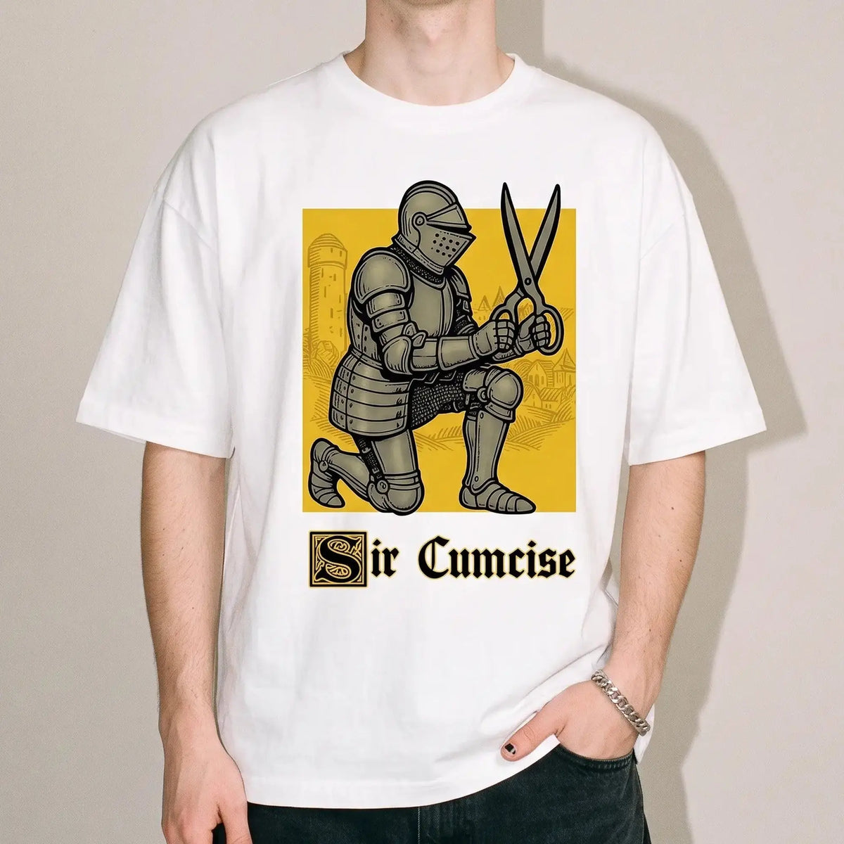 Model wearing the Sir Cumcise (Handdrawn) T-Shirt in white, studio photo