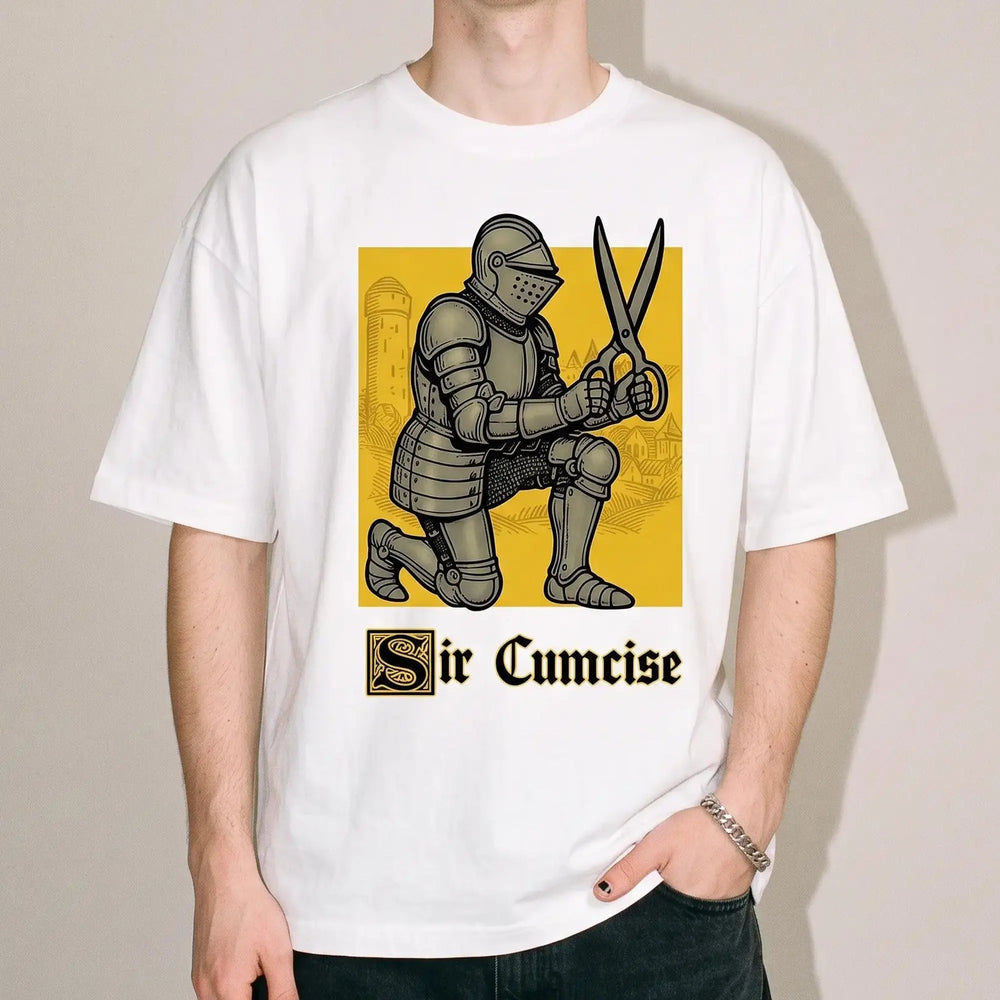 Model wearing the Sir Cumcise (Handdrawn) T-Shirt in white, studio photo