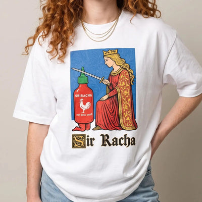 Model wearing the Sir Racha T-Shirt in white, studio photo