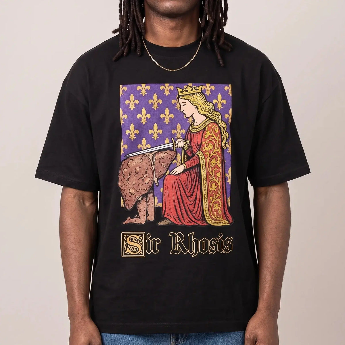Model wearing the Sir Rhosis T-Shirt in black, studio photo
