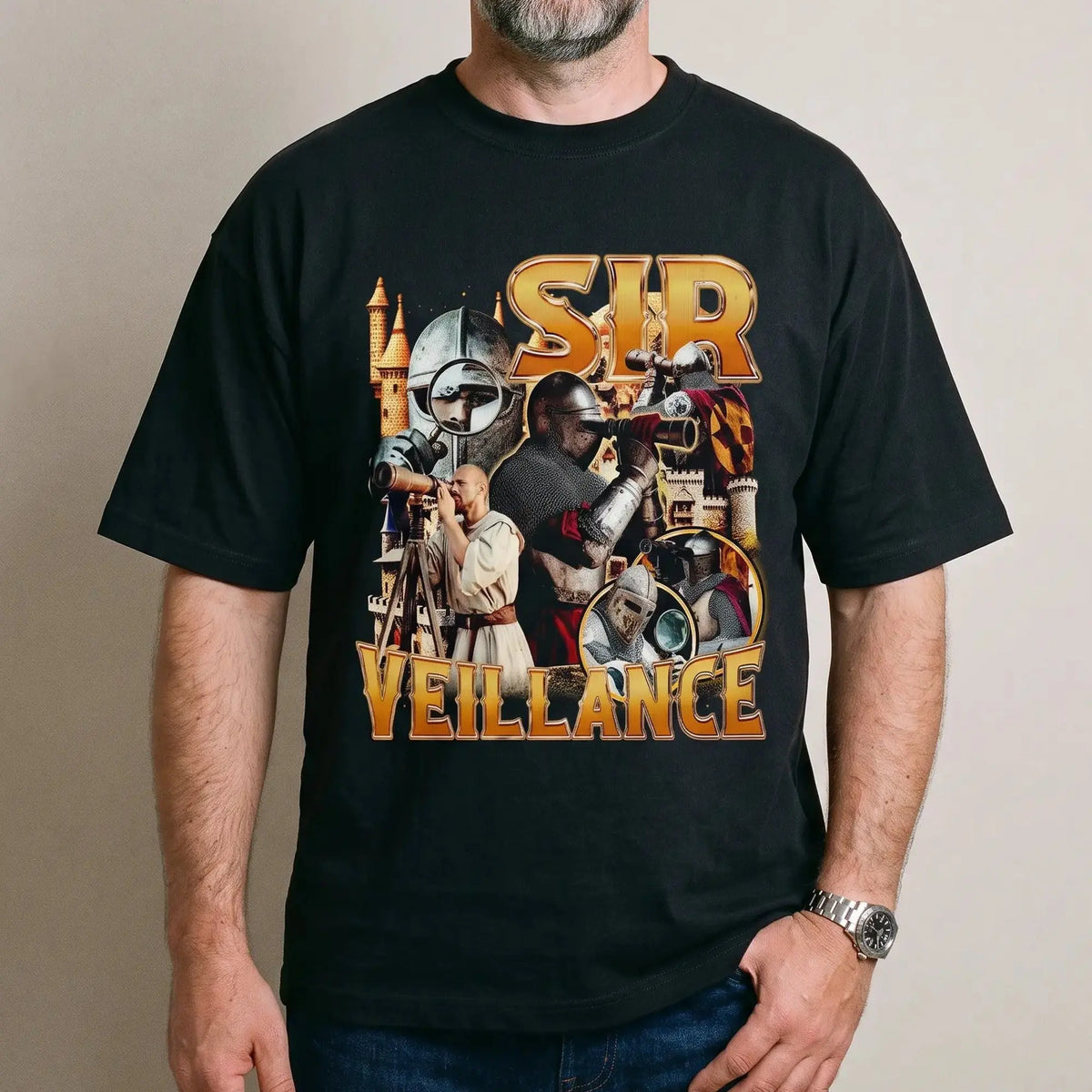 Model wearing the Sir Veillance Funny T-Shirt in black, studio photo
