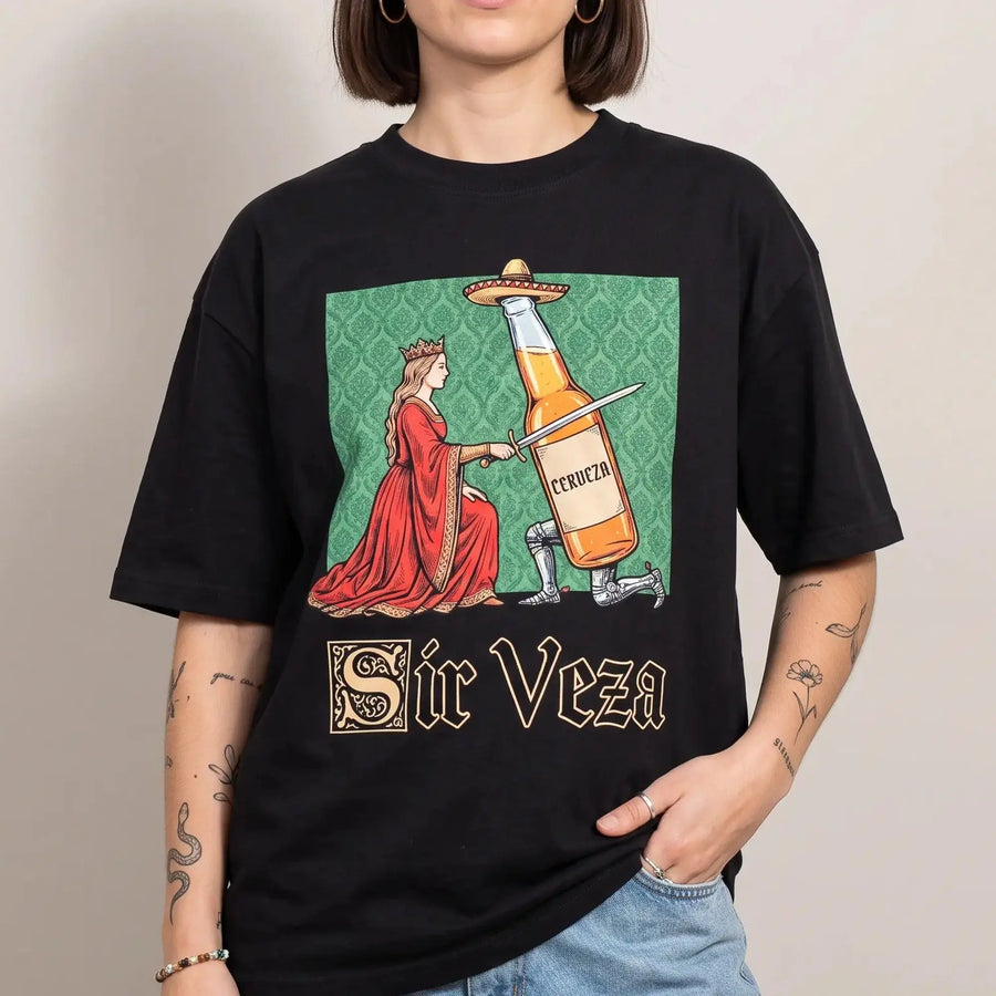 Model wearing the Sir Veza T-Shirt in black, studio photo