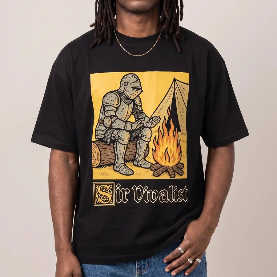Model wearing the Sir Vivalist T-Shirt in black, studio photo