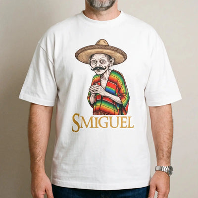 Model wearing the Smiguel T-Shirt in white, studio photo