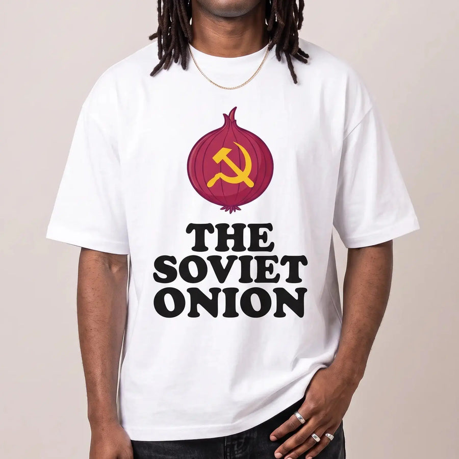 Model wearing the The Soviet Onion T-Shirt in white, studio photo