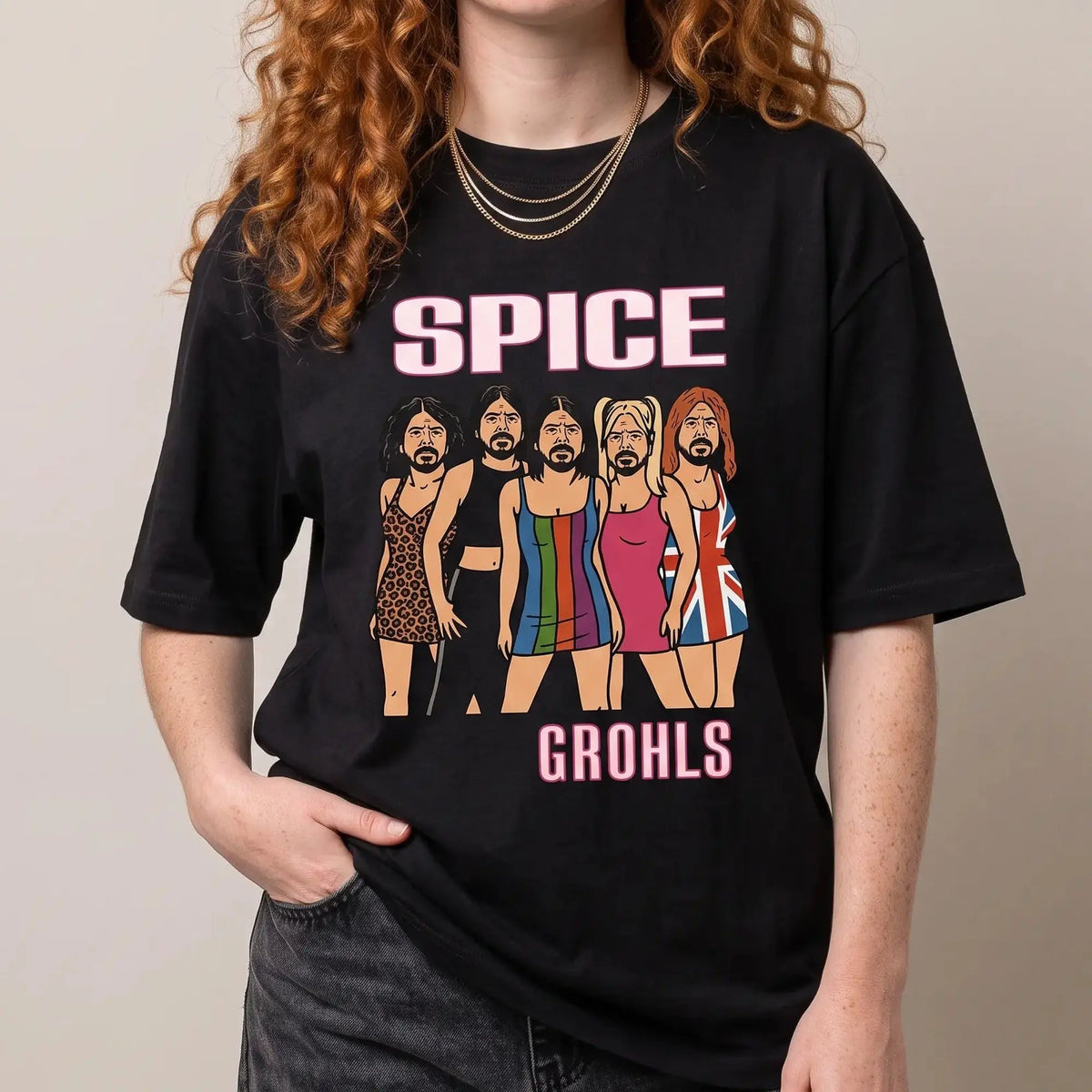 Model wearing the Spice Grohls T-Shirt in black, studio photo