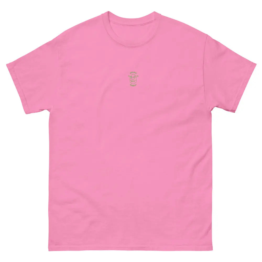 Feeling Shrexy embroidered chest design in green thread on an azalea pink unisex t-shirt – Orbital Clothing