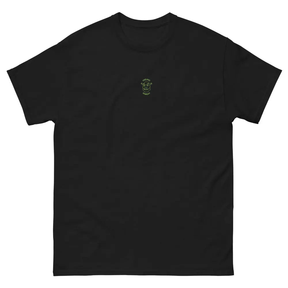 Feeling Shrexy embroidered chest design in green thread on a black unisex t-shirt – Orbital Clothing