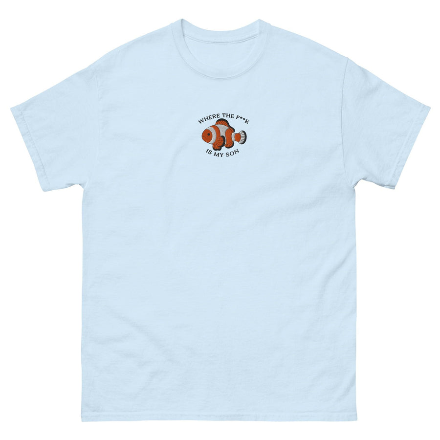 Detailed "where the f**k is my son" text embroidery on the chest of a light blue premium funny t-shirt.