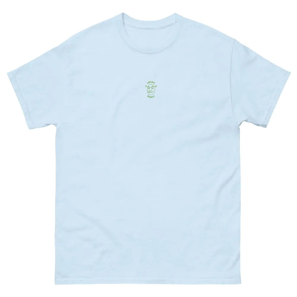 Feeling Shrexy embroidered chest design in green thread on a light blue unisex t-shirt – Orbital Clothing