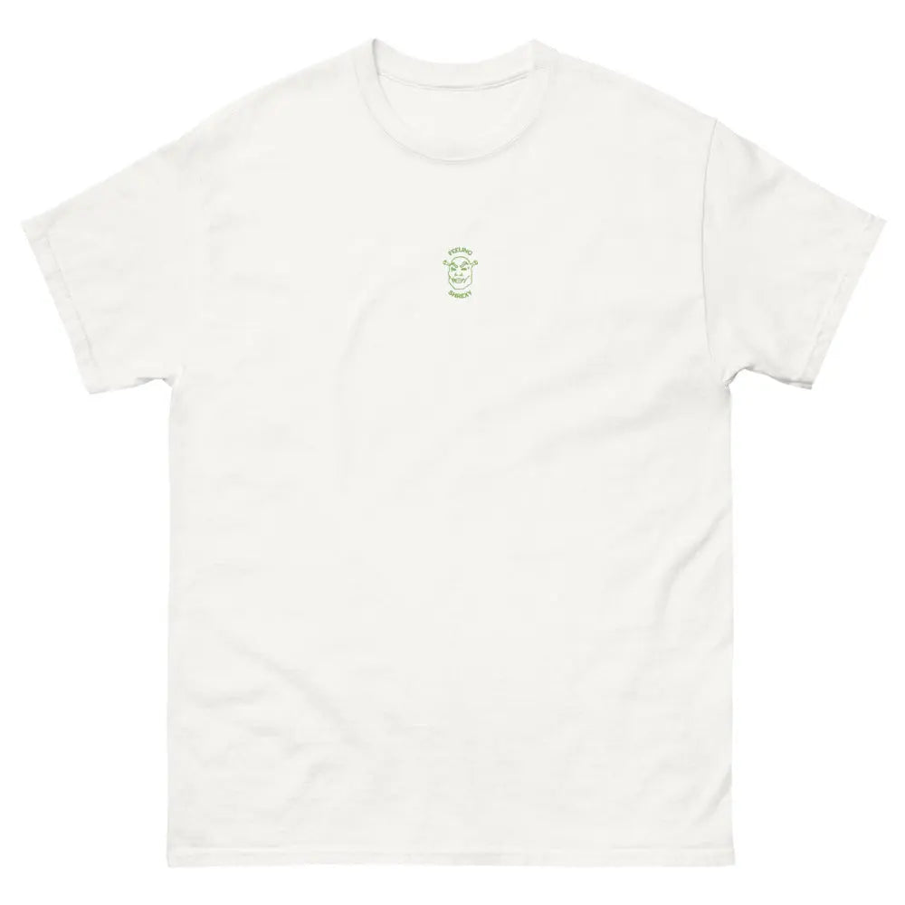 Feeling Shrexy embroidered chest design in green thread on a white unisex t-shirt – Orbital Clothing
