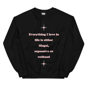 Everything I love in life is either illegal, expensive or redhead sweatshirt