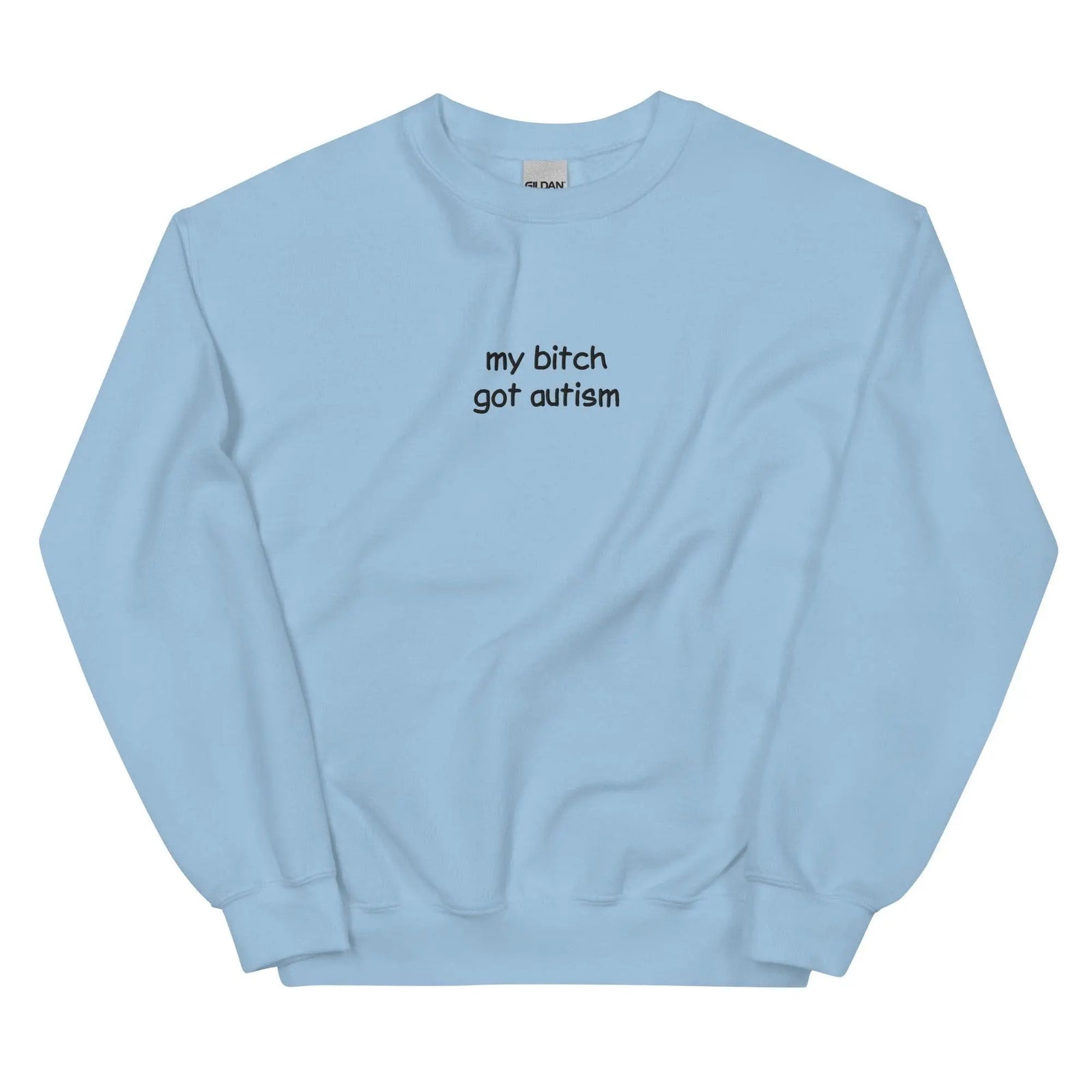 Orbital Clothing light blue embroidered sweatshirt featuring graphic text My Bitch Got Autism funny meme