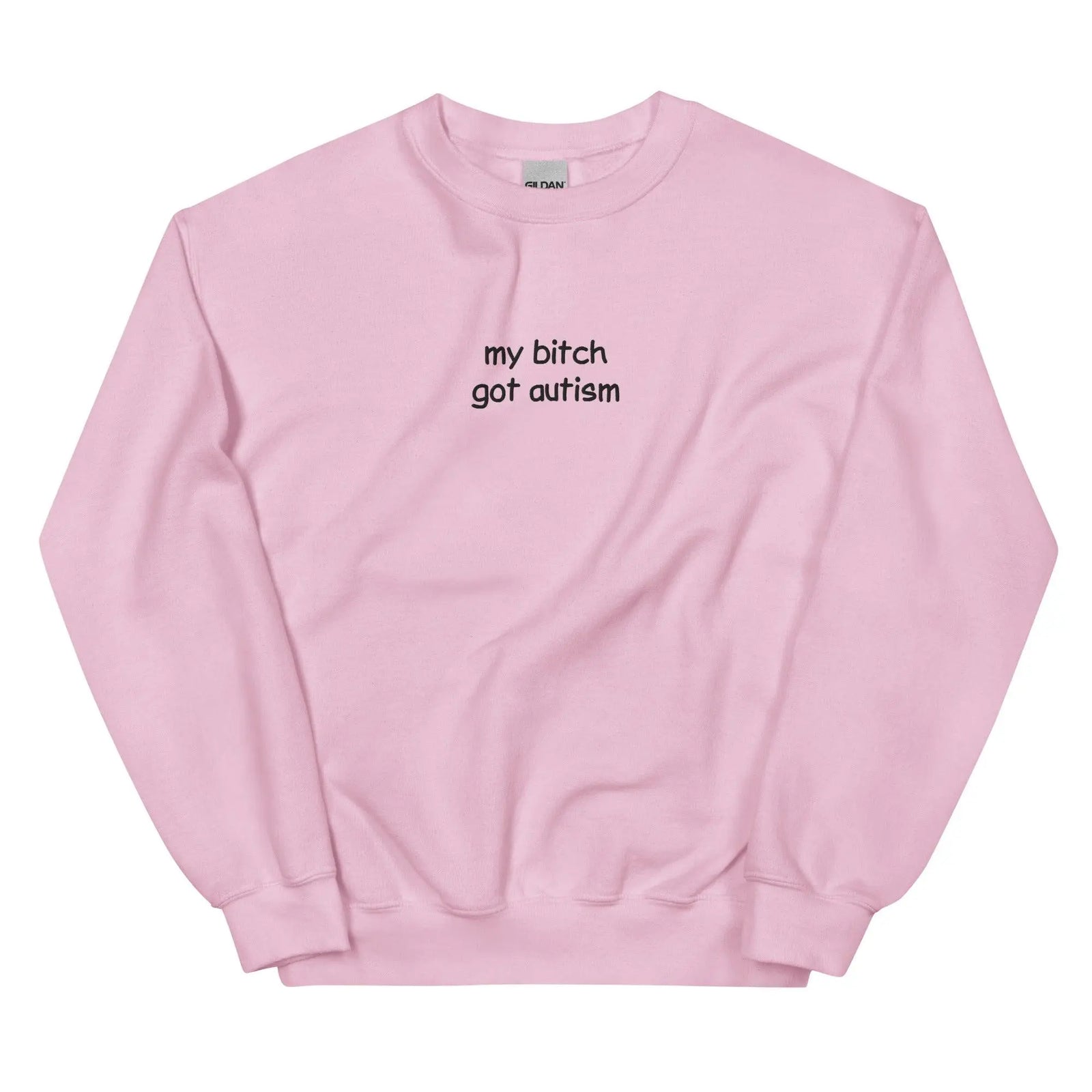 Orbital Clothing light pink embroidered sweatshirt featuring graphic text My Bitch Got Autism funny meme