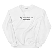 My pronouns are low/slow embroidered sweatshirt