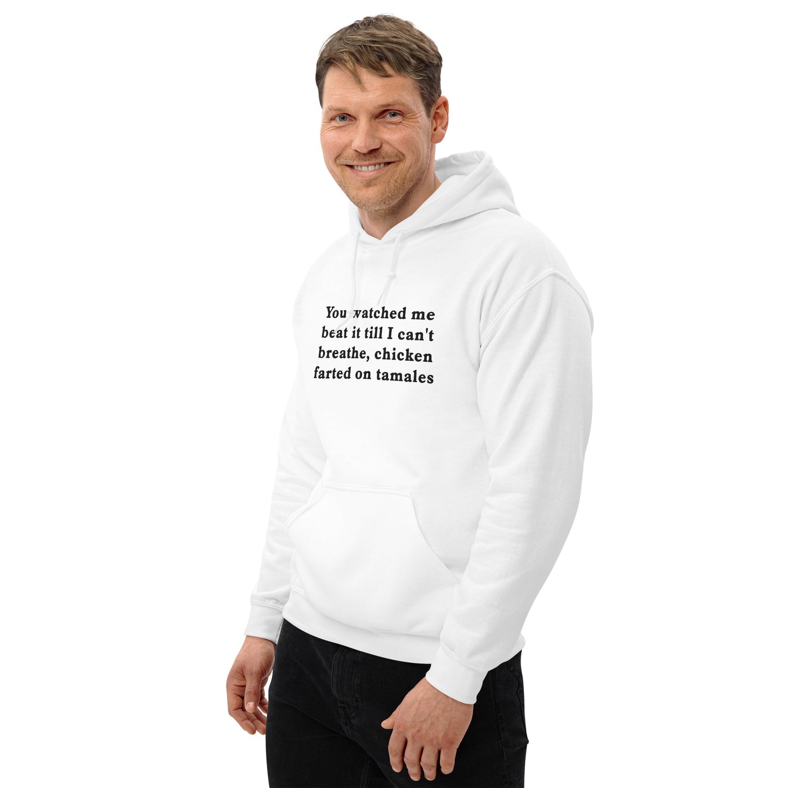 You watched me beat it till I can't breathe, chicken farted on tamales (embroidered) Hoodie Orbital Clothing