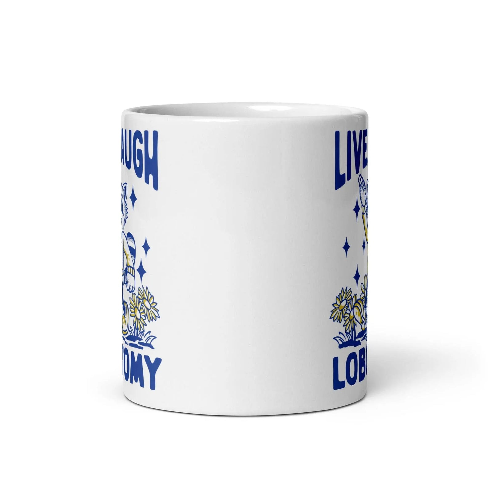 Live Laugh Lobotomy cartoon design 1 White glossy mug - Orbital Clothing