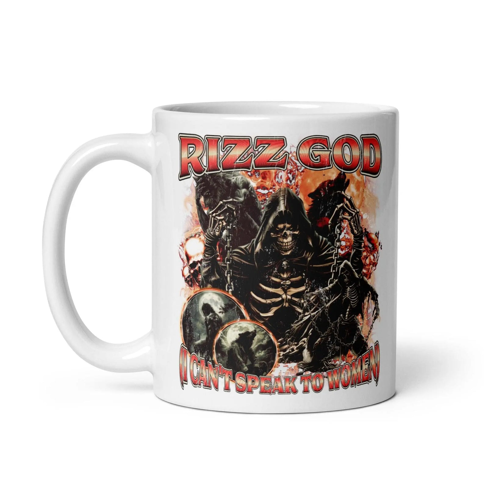 Rizz God I can't speak to women White glossy mug - Orbital Clothing