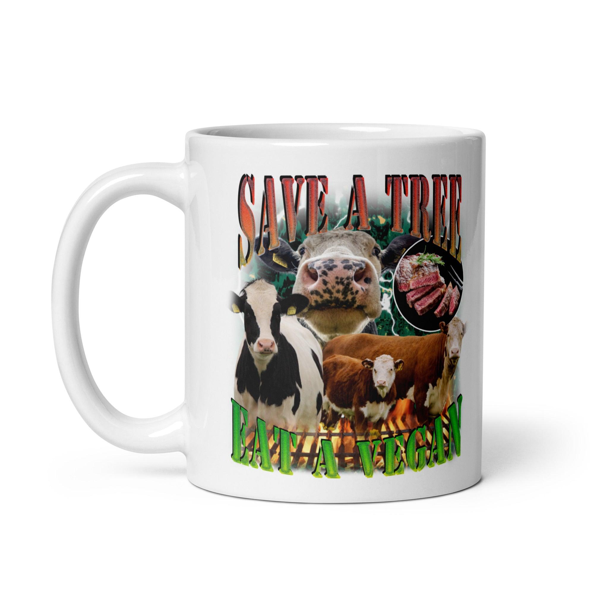 Save a Tree Eat a Vegan White glossy mug - Orbital Clothing