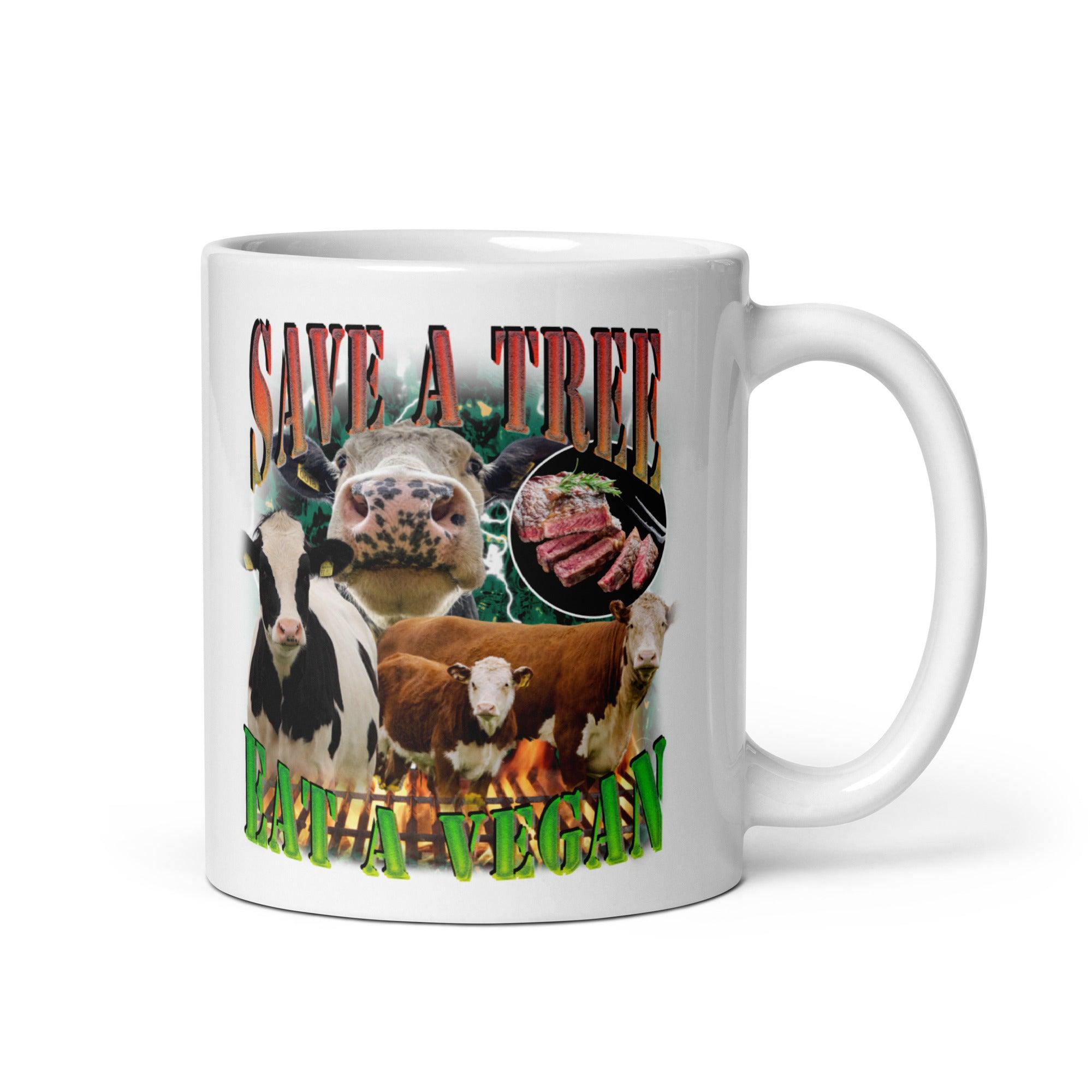 Save a Tree Eat a Vegan White glossy mug - Orbital Clothing