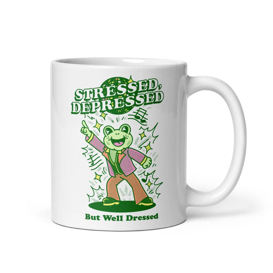 Stressed depressed but well dressed White glossy mug - Orbital Clothing