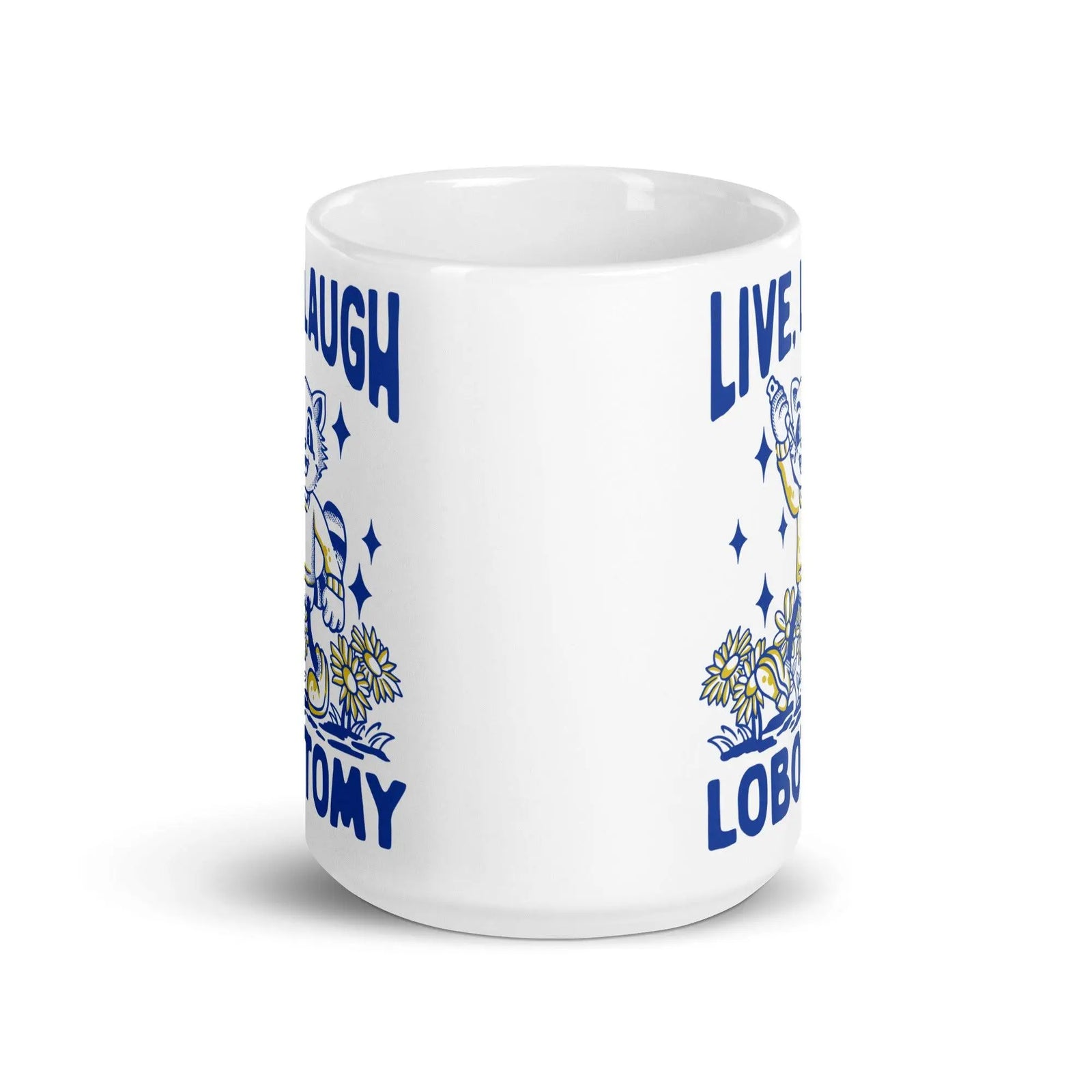 Live Laugh Lobotomy cartoon design 1 White glossy mug - Orbital Clothing