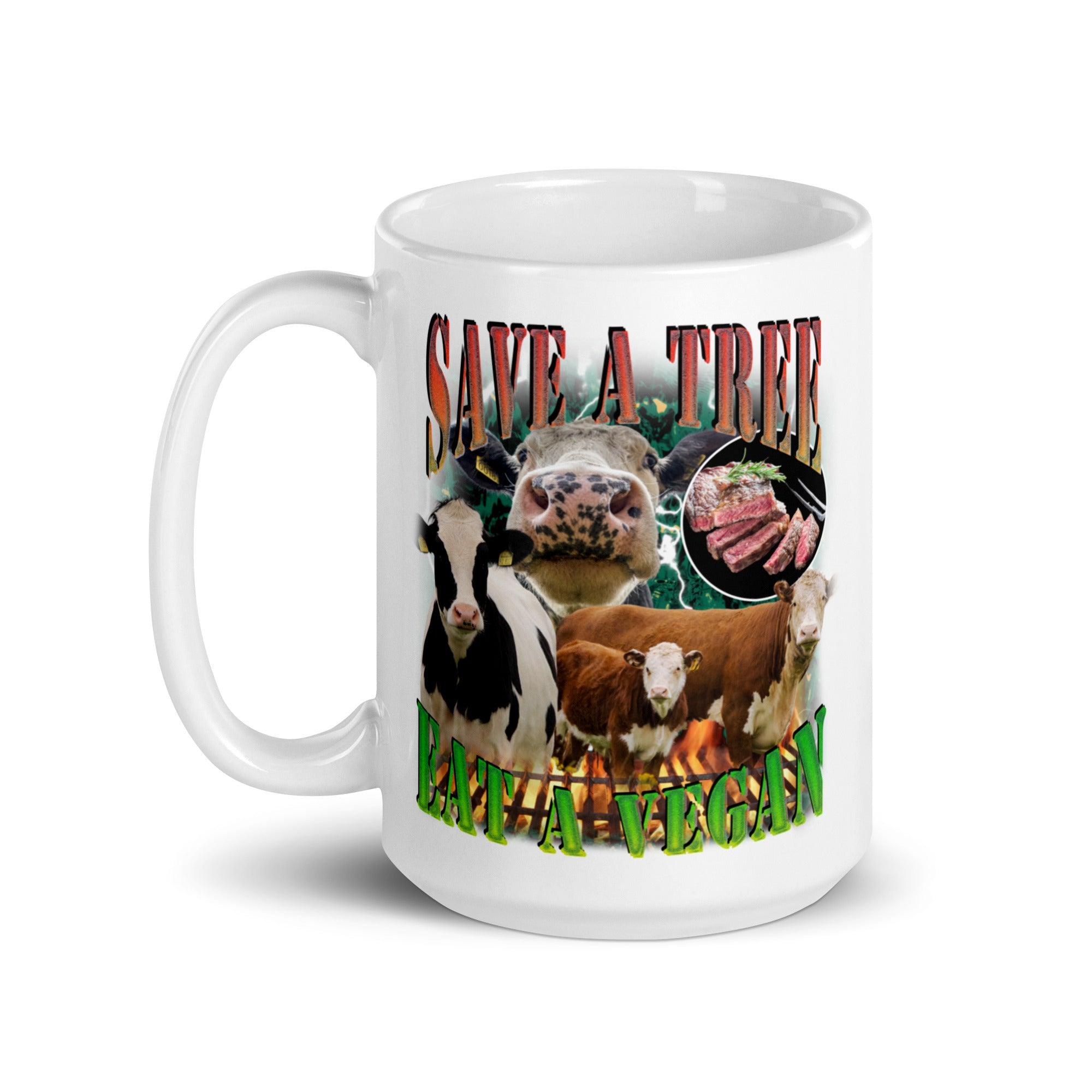 Save a Tree Eat a Vegan White glossy mug - Orbital Clothing