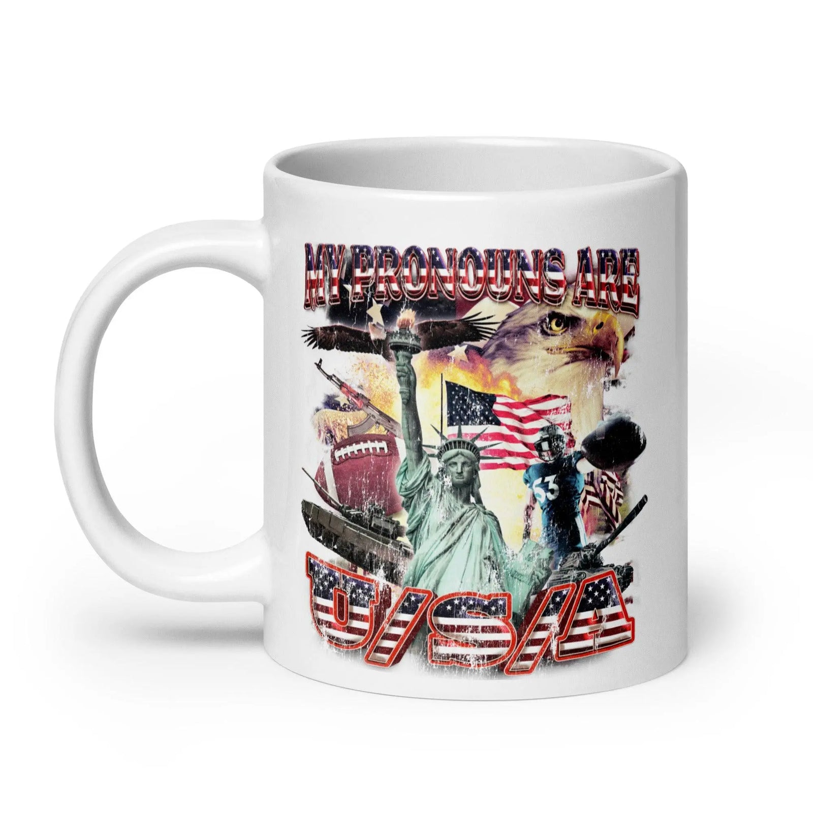 My Pronouns are U/S/A White glossy mug - Orbital Clothing